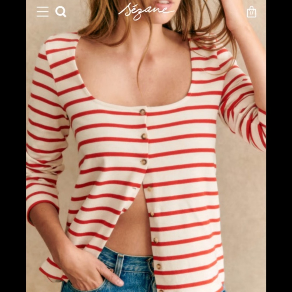 Sezane Linéa Marinière Ecru/ Bright Red - Size XXL